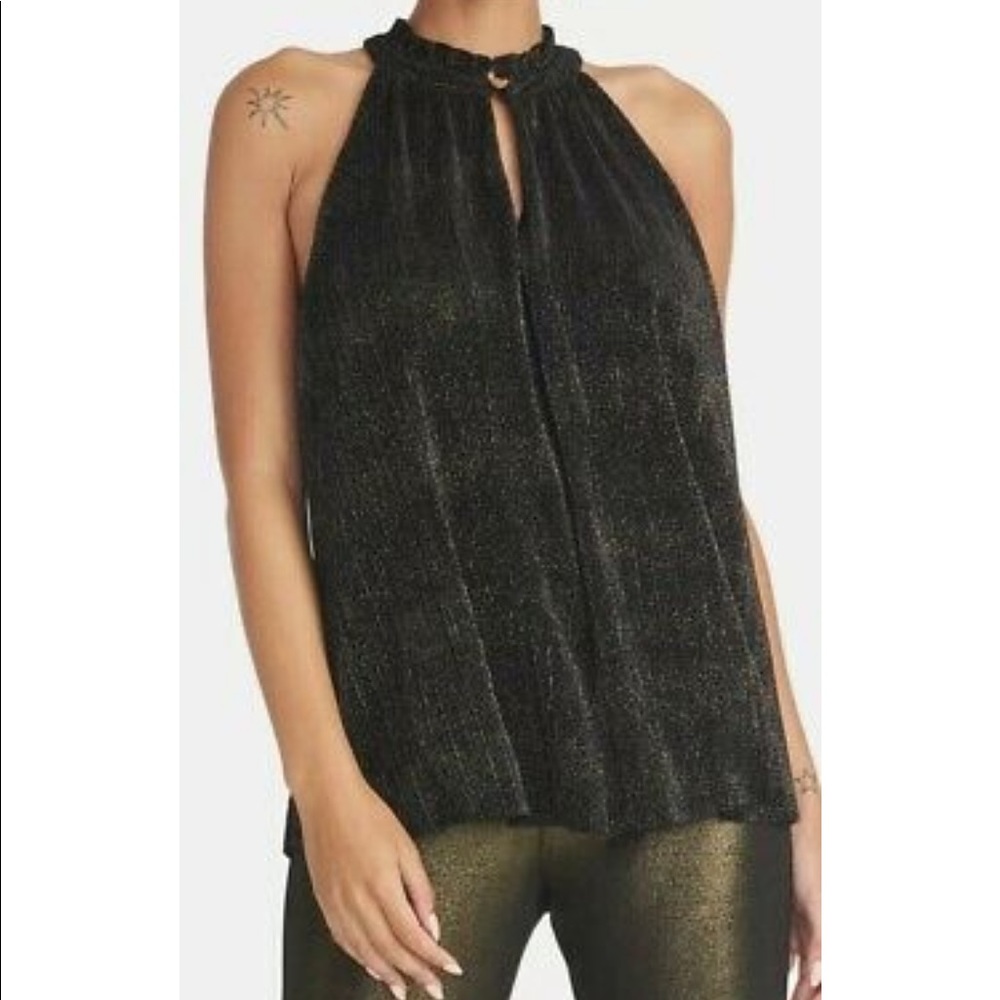 Rachel Roy Black Metallic Gold Button Keyhole Front Pleated Swing Tank Top XS